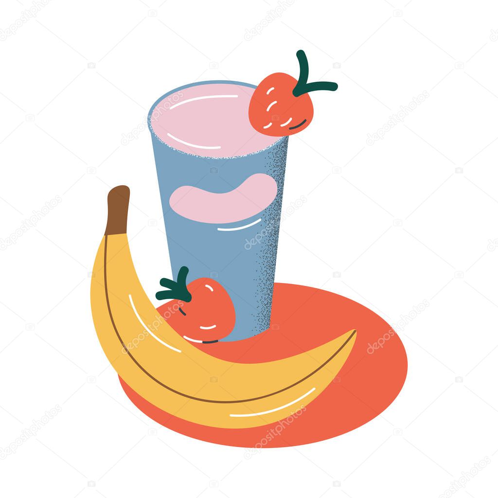 Fresh healthy breakfast set with fruits smoothie and banana