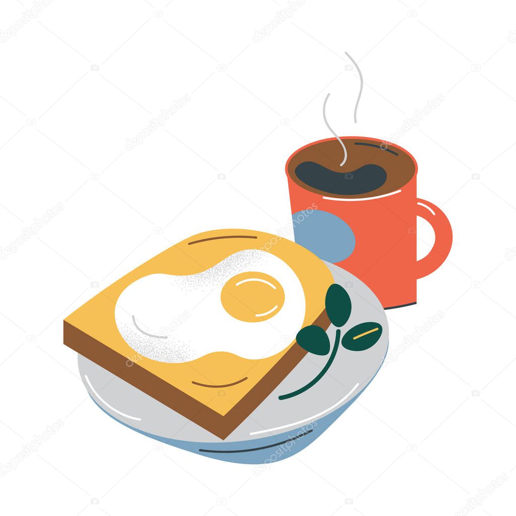 Healthy breakfast set with toast with fried egg and tea