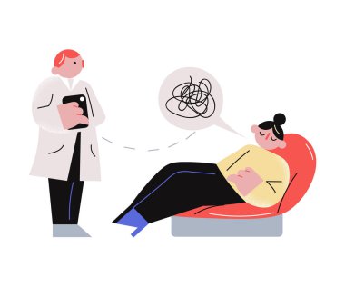 Specialist doctor giving psychological help with hypnosis for sleeping patient clipart