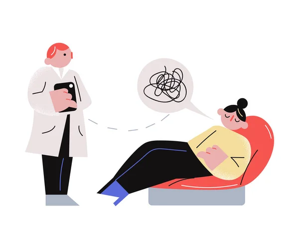Специалист-врач, оказывающий психологическую помощь при гипнозе спящего пациента — стоковый вектор