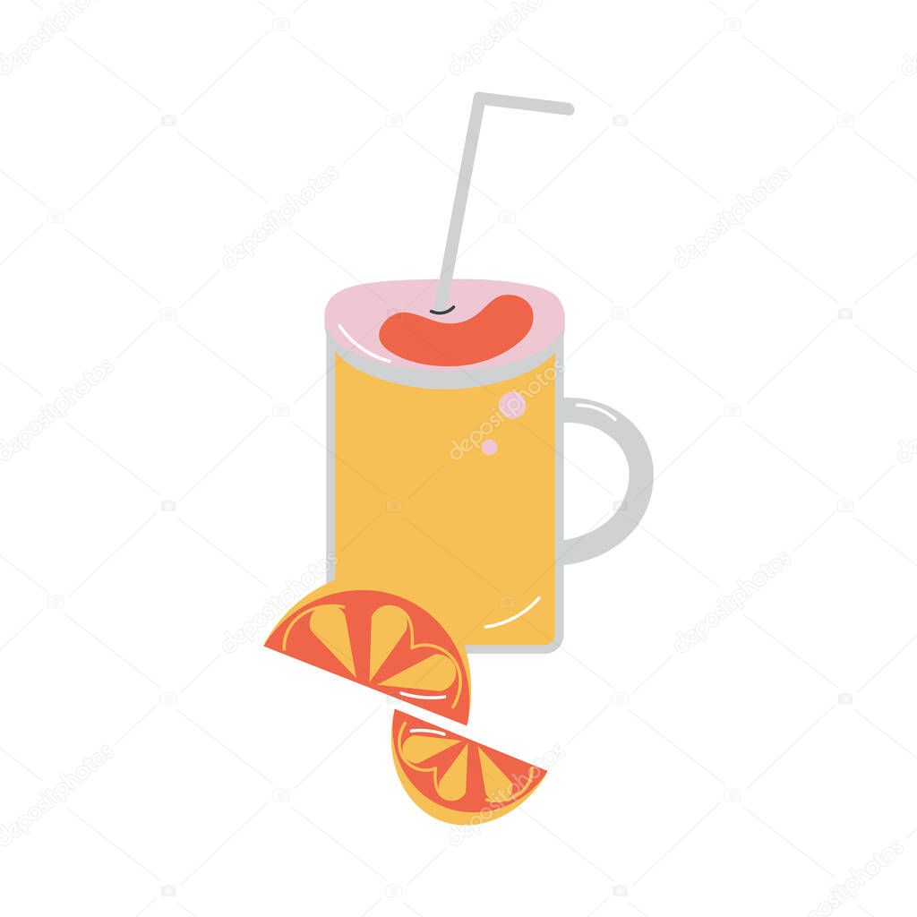 Healthy breakfast with fresh orange juice in glass with straw