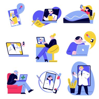 İnternet üzerinden teletıp yardımı alan hastalar ve laptoplar ve akıllı telefonlar aracılığıyla yardım alan doktorlar