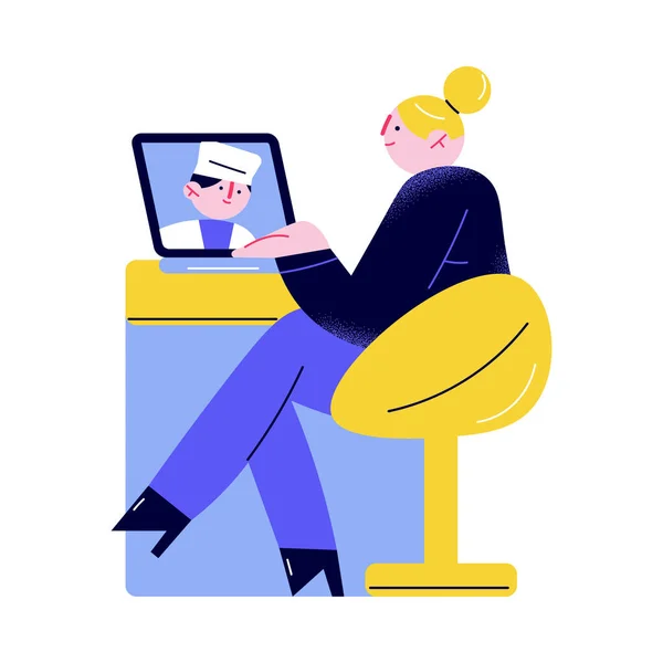 Γυναίκα που κάθεται στο γραφείο και να πάρει online βοήθεια από το γιατρό — Διανυσματικό Αρχείο