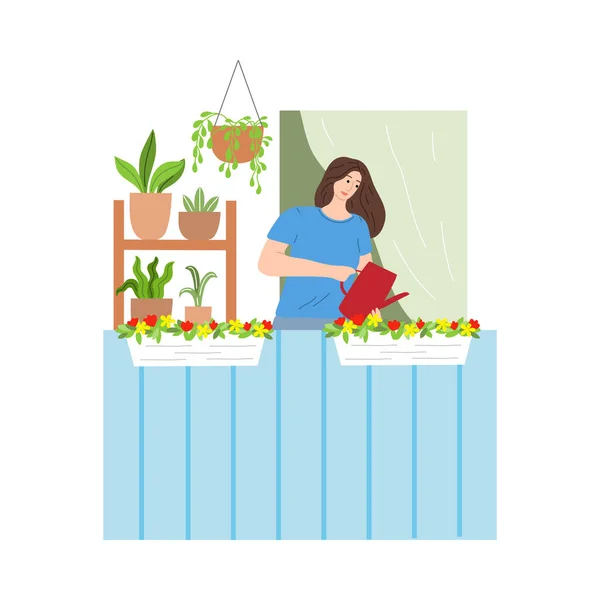 Молодая женщина стоит на балконе и поливает цветы и растения на карнизе — стоковый вектор