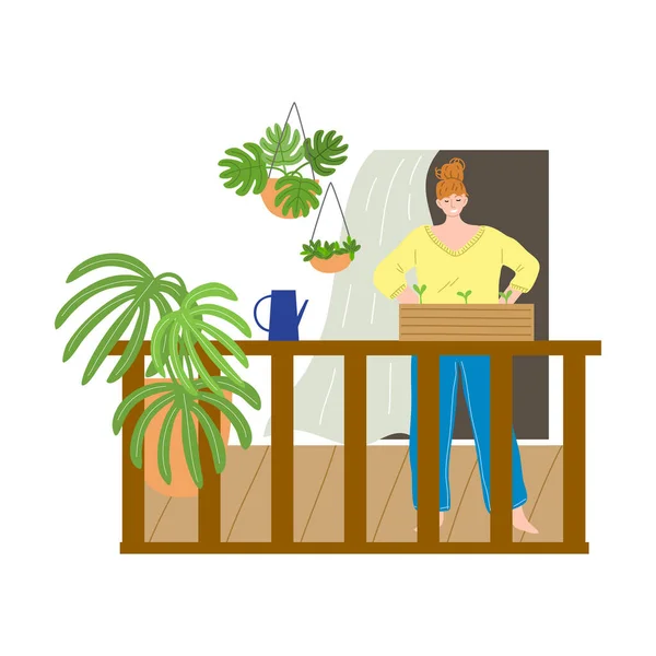 Улыбающаяся женщина стоит на балконе и смотрит на растущие растения — стоковый вектор