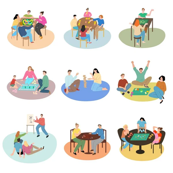 Families and friends playing board games at home and having fun together — Stock Vector