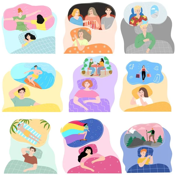 İnsanlar evlerinde yataklarında uyuyorlar ve hayatla ilgili çeşitli rüyalar görüyorlar.