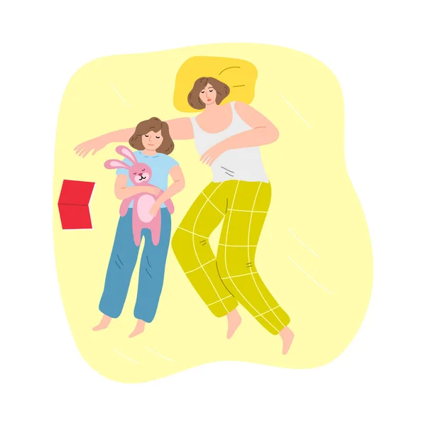 妈妈和女儿睡在家里的一张床上，床上铺着黄色的亚麻布 — 图库矢量图片