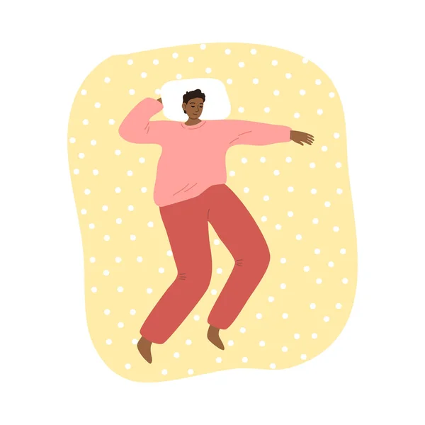 Junger Mann schläft zu Hause im Bett auf gelb gepunkteter Bettwäsche — Stockvektor