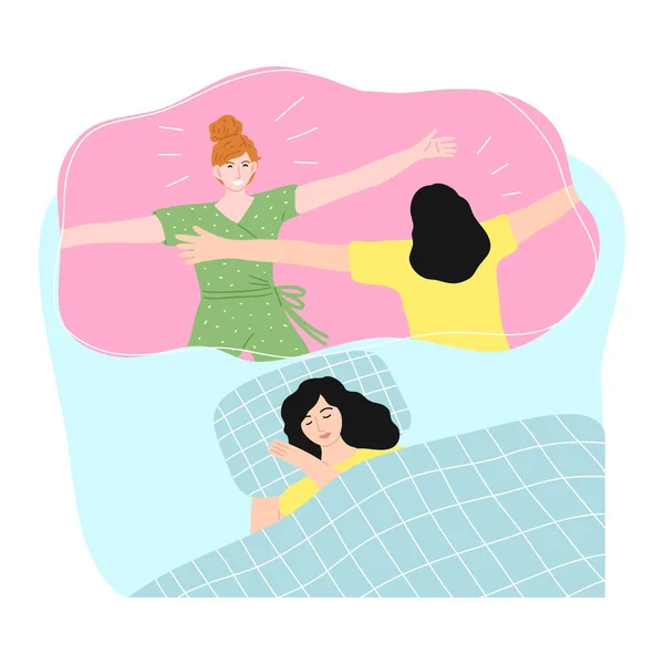 Девушка спит и видит себя встречая лучшего друга в ночном сне — стоковый вектор