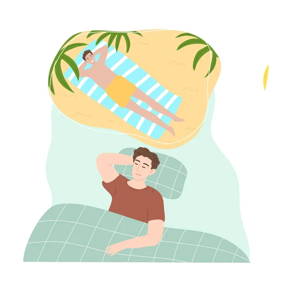 Αγόρι να κοιμάται και να βλέπει τον εαυτό του να κάνει ηλιοθεραπεία στην παραλία στο νυχτερινό όνειρο — Διανυσματικό Αρχείο