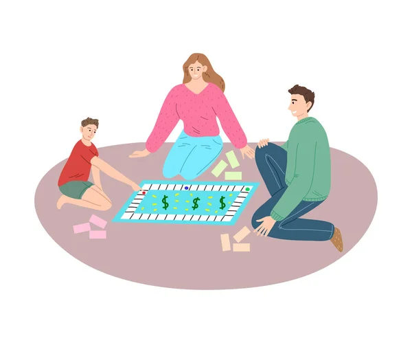 Familia sentado, jugando juego de mesa en el suelo en casa y divertirse — Archivo Imágenes Vectoriales
