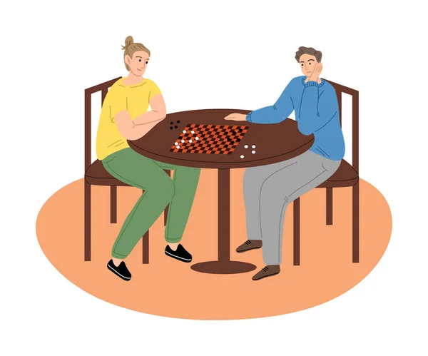 Gente amigos sentados y jugando damas juntos en casa — Archivo Imágenes Vectoriales
