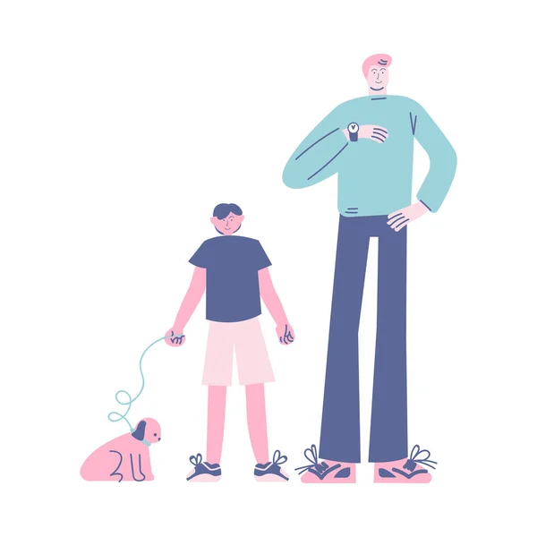 Pai e seu filho com o cão em pé na fila e esperando por volta — Vetor de Stock