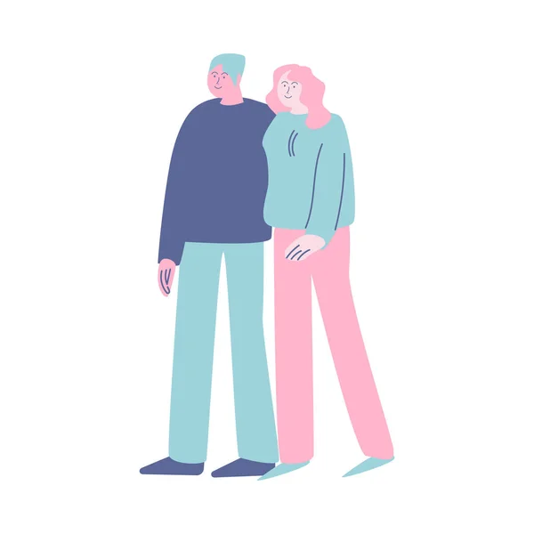 Молода позитивна пара жінка і чоловік стоять в черзі — стоковий вектор