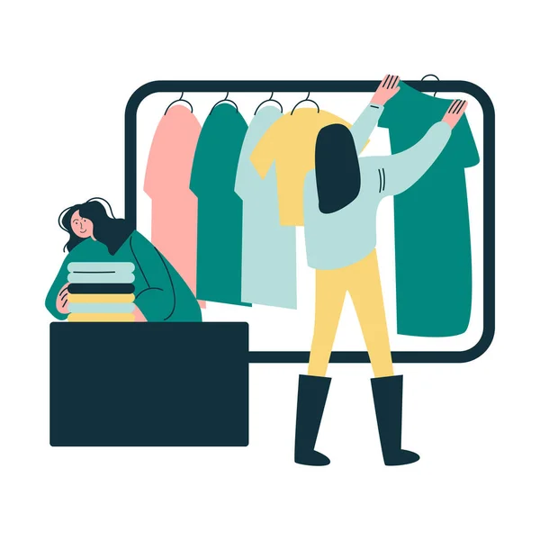 Mujer joven eligiendo ropa en perchas en la tienda durante las compras — Vector de stock