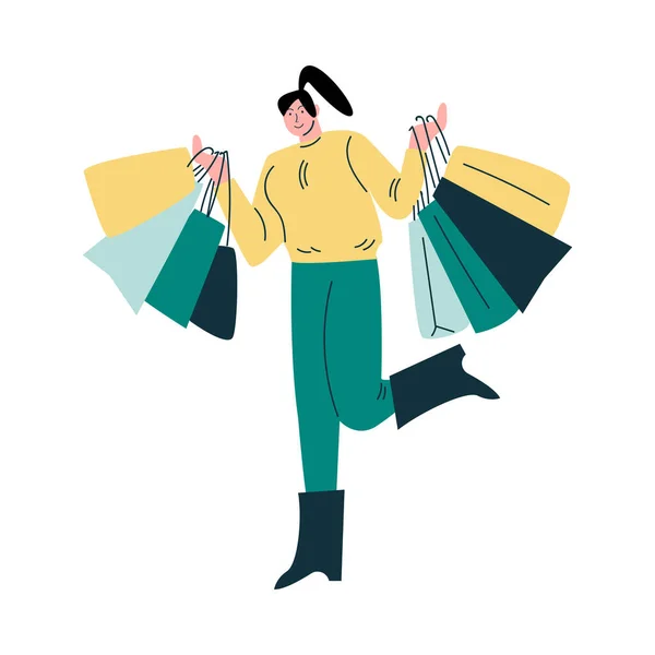 Joven mujer sonriente llevando bolsas con compras después de comprar — Vector de stock