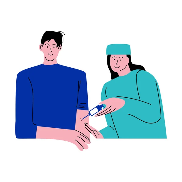 Γιατρός ή νοσοκόμος που κάνει την ένεση εμβολιασμού στο χέρι σε νεαρό άνδρα — Διανυσματικό Αρχείο