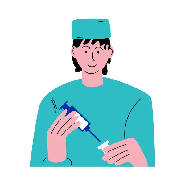 Женщина врач или медсестра заполнения шприц для инъекции вакцинации — стоковый вектор