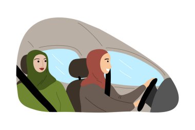 Geleneksel tesettürlü, emniyet kemeri takan ve araba kullanan birkaç Müslüman Arap kadın. Çizgi film tarzında vektör illüstrasyonu.