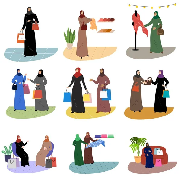 Ensemble de femmes arabes musulmanes portant des vêtements ethniques traditionnels hijab tenant des sacs à provisions. Illustration vectorielle dans le style de dessin animé plat. — Image vectorielle