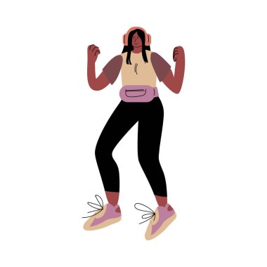 Siyah pantolonlu mutlu bir kız dans ediyor ve kulaklıkla müzik dinliyor. Çizgi film tarzında vektör illüstrasyonu