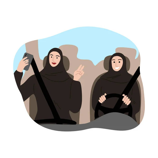 Couple femme arabe musulmane en hijab traditionnel avec une ceinture de sécurité conduisant une voiture et prenant un selfie. Illustration vectorielle en style dessin animé plat. — Image vectorielle