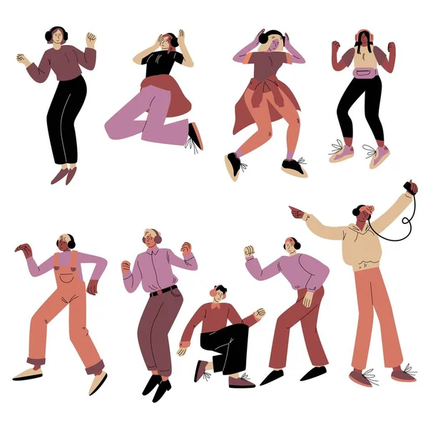 Набор различных молодых счастливых танцующих людей в наушниках. Векторная иллюстрация в плоском стиле мультфильма . — стоковый вектор