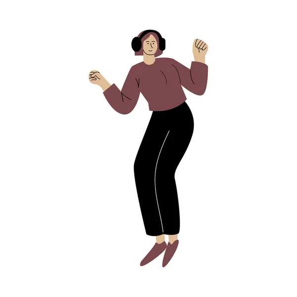 Feliz sorridente jovem dançando e ouvindo música com fones de ouvido. Ilustração vetorial em estilo de desenho animado plano —  Vetores de Stock