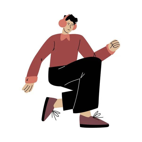 Feliz hombre sonriente en pantalones negros bailando y escuchando música con auriculares. Ilustración vectorial en estilo plano de dibujos animados — Archivo Imágenes Vectoriales