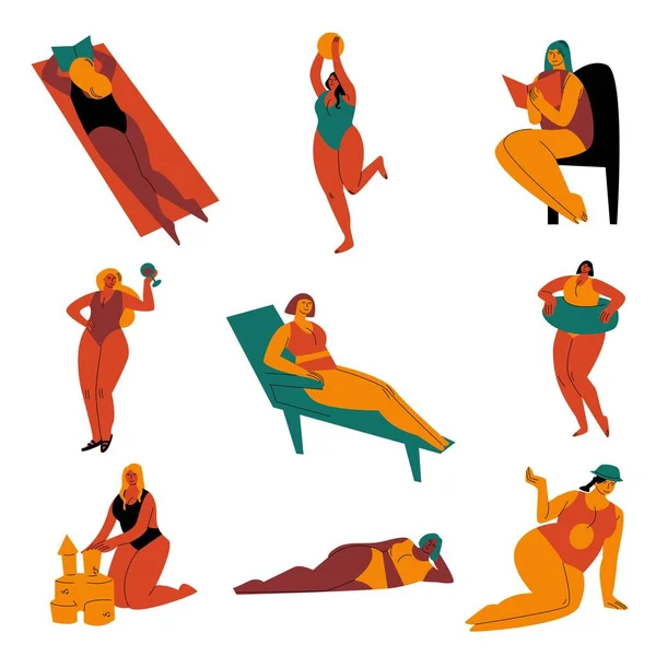 Conjunto de mujeres con curvas en coloridos trajes de baño tomando el sol en la playa. Ilustración vectorial en el estilo plano de dibujos animados . — Vector de stock