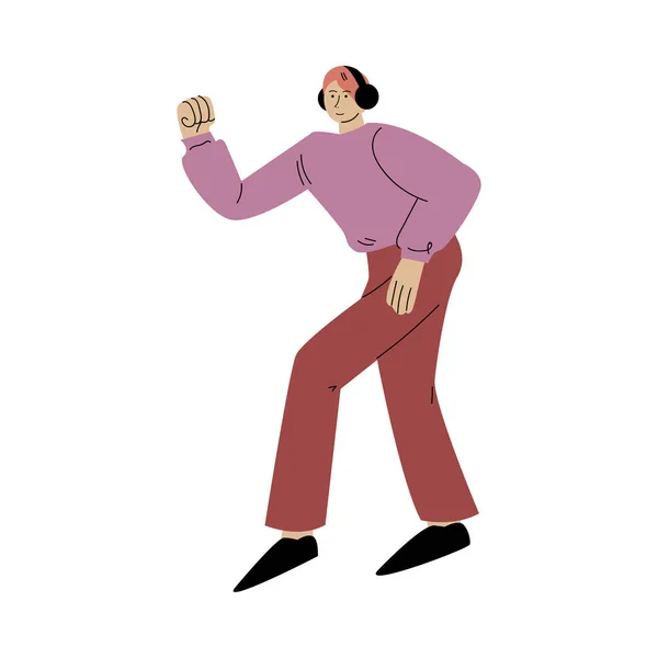 Happy smiling man in red pants dancing and listening to music with headphones. Vector illustration in flat cartoon style — Stock Vector