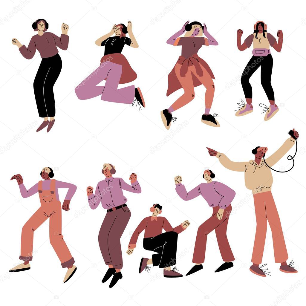 Set of different young happy dancing people in headphones. Vector illustration in the flat cartoon style.