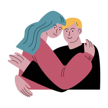 Sevimli, mutlu, gülümseyen bir çift sarışın adam ve kadın şefkatle sarılıyorlar. Çizgi film tarzında vektör illüstrasyonu.