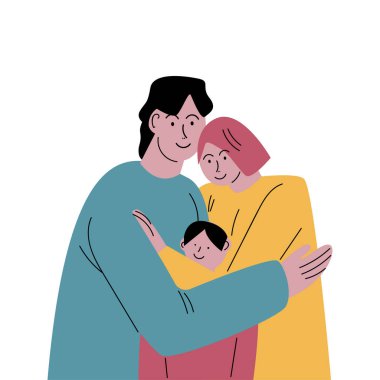 Gülümseyen mutlu anne ve baba oğullarına sarılıyor. Çizgi film tarzında vektör illüstrasyonu.