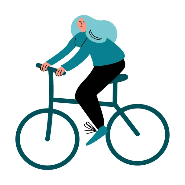 Feliz chica sonriente en pantalones negros montado en una bicicleta ecológica segura. Ilustración vectorial en estilo de dibujos animados . — Vector de stock