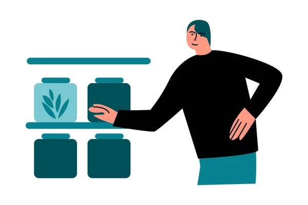 Feliz hombre sonriente con camisa negra elige comida saludable en un estante. Ilustración vectorial en estilo de dibujos animados . — Vector de stock