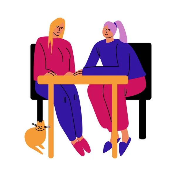 A happy lesbian couple of women sitting at the table in chairs. Vector illustration in cartoon style. — Stock Vector