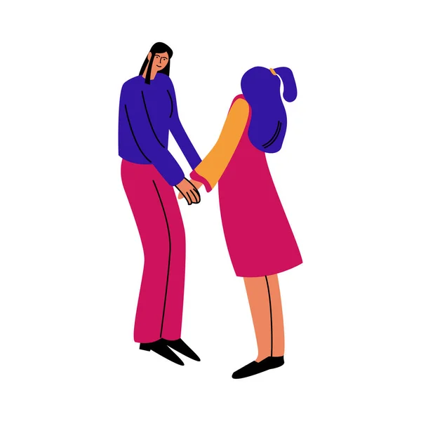 Щаслива лесбійська пара жінок стоїть в повсякденному одязі і тримається за руки. Векторні ілюстрації в мультяшному стилі . — стоковий вектор