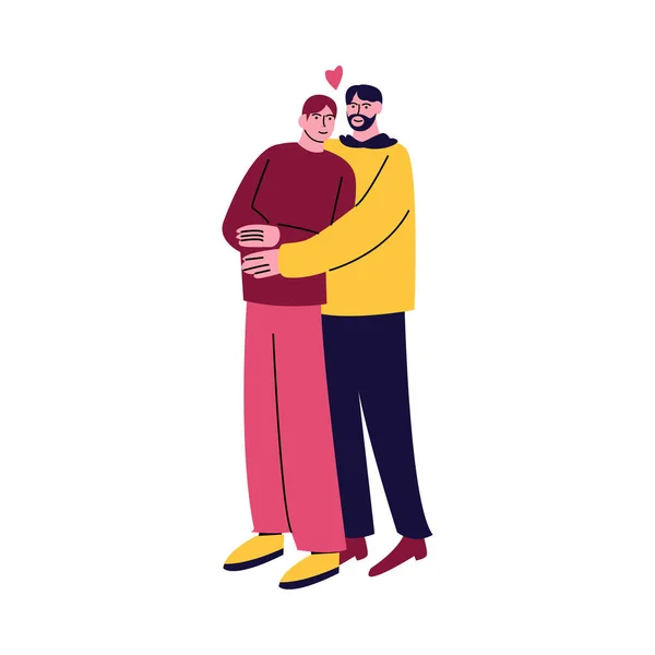 Ένα ευτυχισμένο ζευγάρι ομοφυλόφιλων ανδρών που στέκονται με καθημερινά ρούχα και αγκαλιάζονται. Εικονογράφηση διάνυσμα σε στυλ κινουμένων σχεδίων. — Διανυσματικό Αρχείο