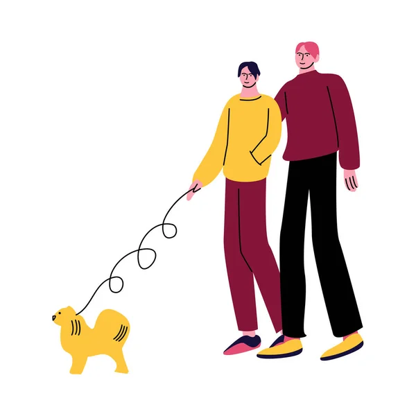 Щаслива гомосексуальна пара чоловіків в повсякденному одязі ходить собака і обіймається. Векторні ілюстрації в мультяшному стилі . — стоковий вектор