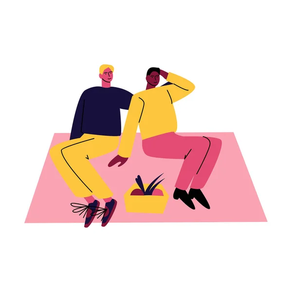 Szczęśliwa para gejów w luźnych ciuchach, siedząca na dywanie i przytulająca się. Ilustracja wektora w stylu kreskówki. — Wektor stockowy
