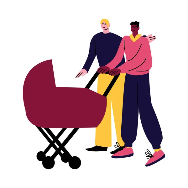 Ein fröhliches schwules Paar in legerer Kleidung, das mit einem Kinderwagen spazieren geht. Vektorillustration im Cartoon-Stil. — Stockvektor