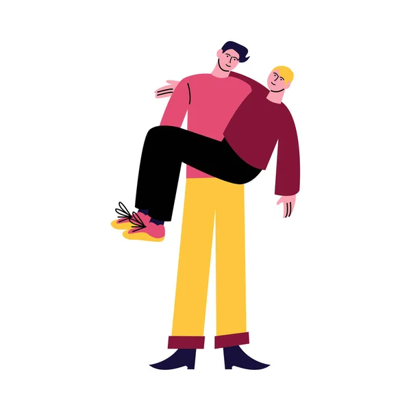 Un gay feliz con pantalones amarillos tiene en las manos a su novio. Ilustración vectorial en estilo de dibujos animados . — Archivo Imágenes Vectoriales