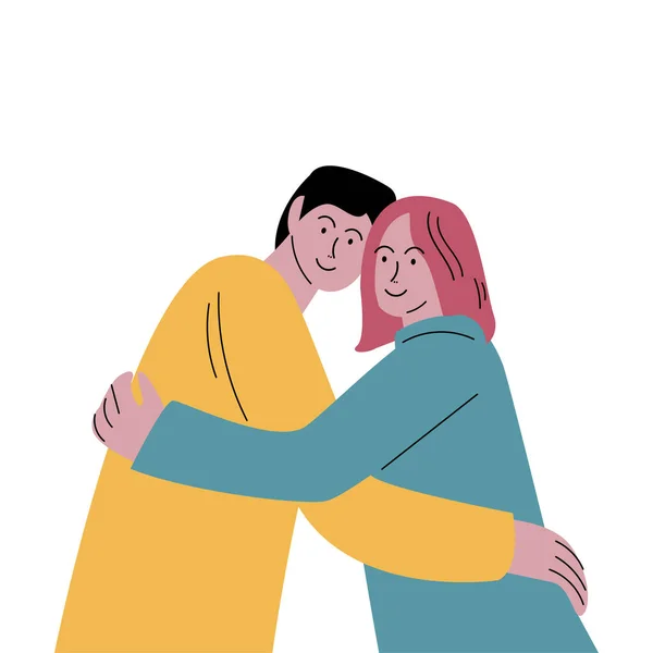 Linda pareja sonriente feliz hombre y mujer abrazándose amorosamente. Ilustración vectorial en estilo plano de dibujos animados . — Vector de stock