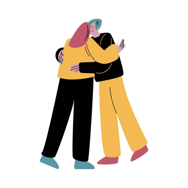 Een roodharige vrouw in zwarte jeans knuffelende man liefdevol. Vector illustratie in platte cartoon stijl. — Stockvector