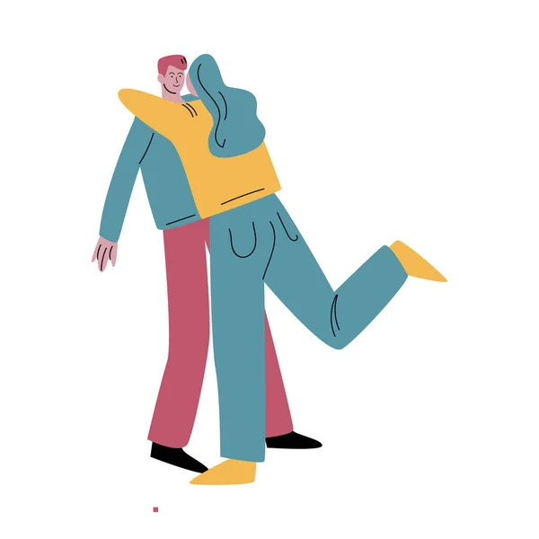 青いジーンズの幸せな女性が男を抱きしめる素敵な。平面漫画風のベクトルイラスト. — ストックベクタ