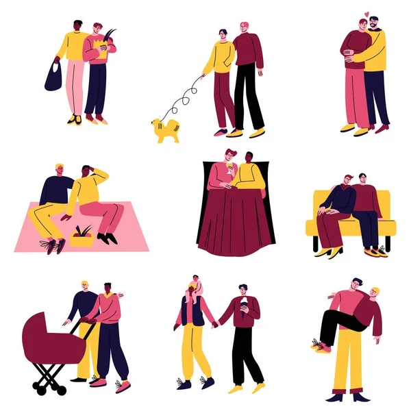 Conjunto de parejas homosexuales felices en diferentes situaciones de la vida. Ilustración vectorial en el estilo plano de dibujos animados . — Archivo Imágenes Vectoriales