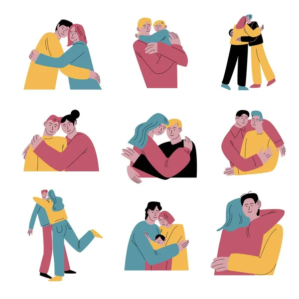 Conjunto de diferentes personas se abrazan en diferentes poses. Ilustración vectorial en el estilo plano de dibujos animados . — Vector de stock