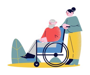 Genç kadın yuvarlanan enik sandalyesi yaşlı adamın dışarı çıkmasına yardım ediyor.